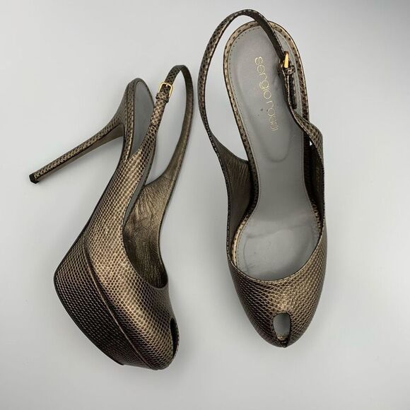 Sergio Rossi Lizard Embossed Peep Toe Sling Back Platform Heels Bronze Size 10 - Picture 10 of 12